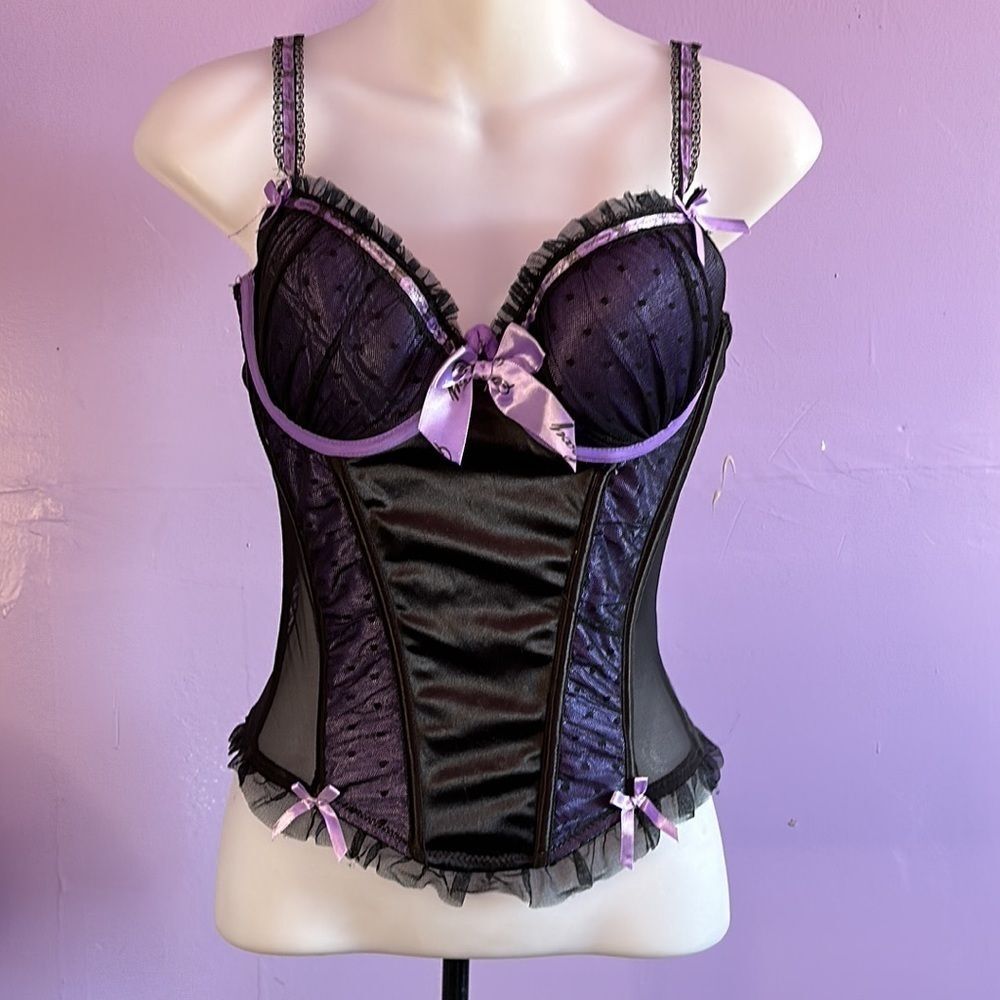 Native Intimates Black Purple Bustier 34C Hook & Eye Lingerie Corset Style Top